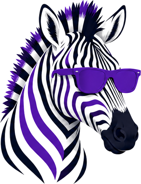 Stripe, the Zegress zebra, wearing purple sunglasses